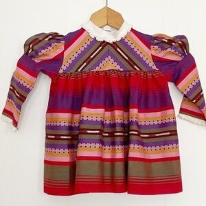 Vintage Nanette 1960’s 1970’s toddler girl dress striped puff sleeve crochet 2T‎